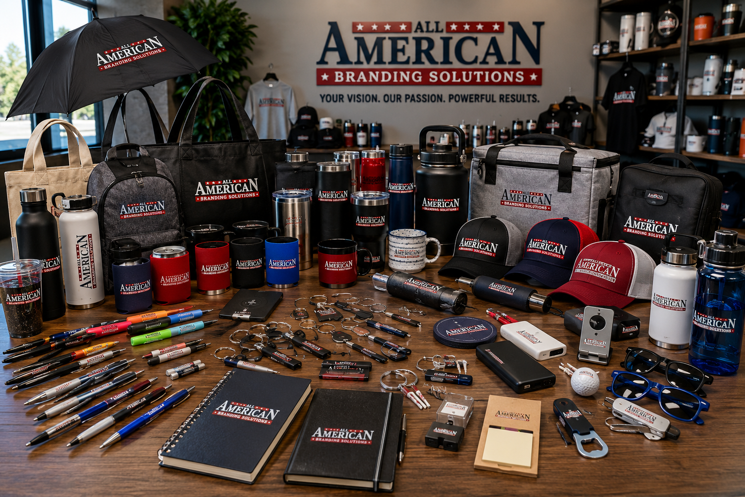 Branded promotional products including drinkware, bags, pens, and trade show giveaways